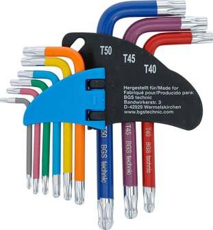 Serie di chiavi ad angolo multicolore corta profilo a T (per Torx) con foro e testa sferica T10 - T50 9 pz