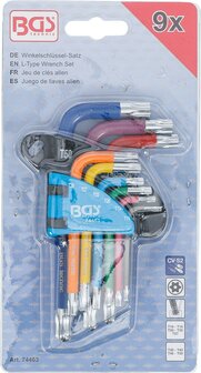 Serie di chiavi ad angolo multicolore corta profilo a T (per Torx) con foro e testa sferica T10 - T50 9 pz