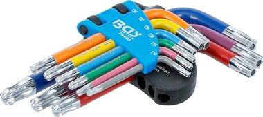 Serie di chiavi ad angolo multicolore corta profilo a T (per Torx) con foro e testa sferica T10 - T50 9 pz